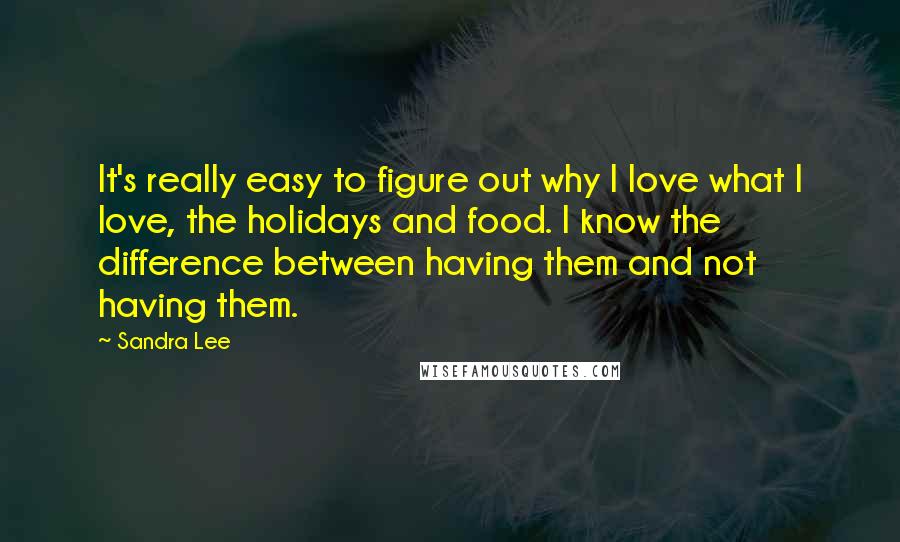 Sandra Lee Quotes: It's really easy to figure out why I love what I love, the holidays and food. I know the difference between having them and not having them.