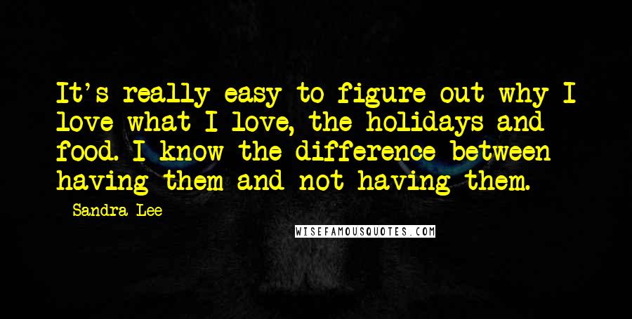 Sandra Lee Quotes: It's really easy to figure out why I love what I love, the holidays and food. I know the difference between having them and not having them.