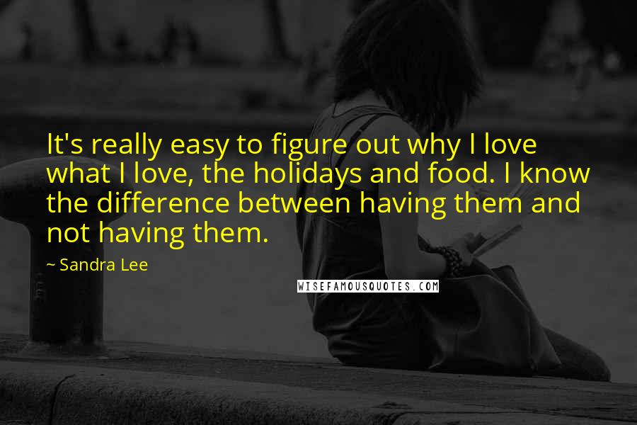 Sandra Lee Quotes: It's really easy to figure out why I love what I love, the holidays and food. I know the difference between having them and not having them.