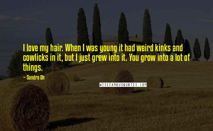 Sandra Oh Quotes: I love my hair. When I was young it had weird kinks and cowlicks in it, but I just grew into it. You grow into a lot of things.