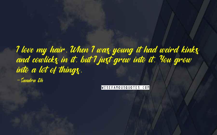 Sandra Oh Quotes: I love my hair. When I was young it had weird kinks and cowlicks in it, but I just grew into it. You grow into a lot of things.