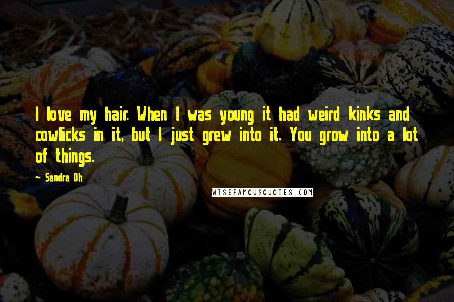 Sandra Oh Quotes: I love my hair. When I was young it had weird kinks and cowlicks in it, but I just grew into it. You grow into a lot of things.