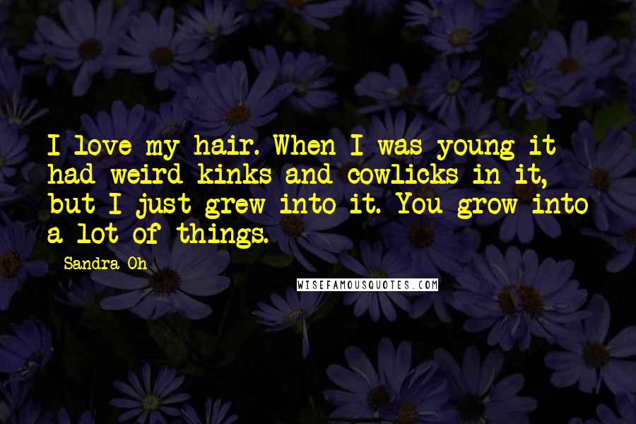 Sandra Oh Quotes: I love my hair. When I was young it had weird kinks and cowlicks in it, but I just grew into it. You grow into a lot of things.