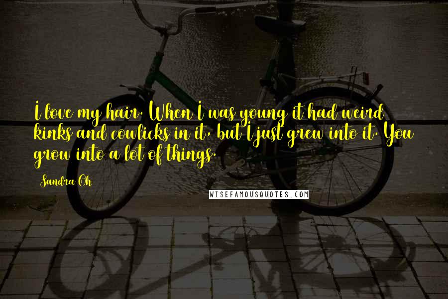 Sandra Oh Quotes: I love my hair. When I was young it had weird kinks and cowlicks in it, but I just grew into it. You grow into a lot of things.
