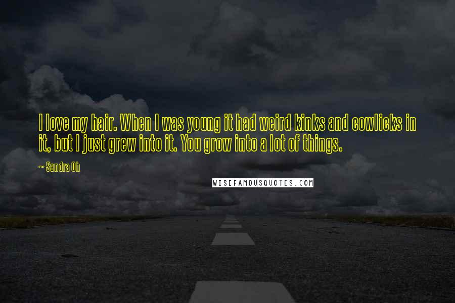 Sandra Oh Quotes: I love my hair. When I was young it had weird kinks and cowlicks in it, but I just grew into it. You grow into a lot of things.