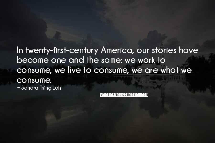 Sandra Tsing Loh Quotes: In twenty-first-century America, our stories have become one and the same: we work to consume, we live to consume, we are what we consume.