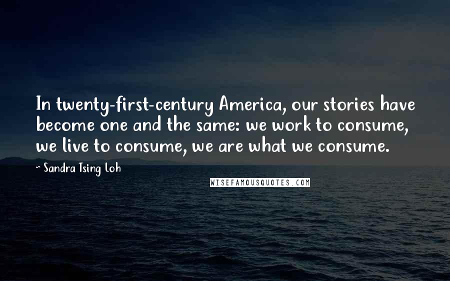Sandra Tsing Loh Quotes: In twenty-first-century America, our stories have become one and the same: we work to consume, we live to consume, we are what we consume.
