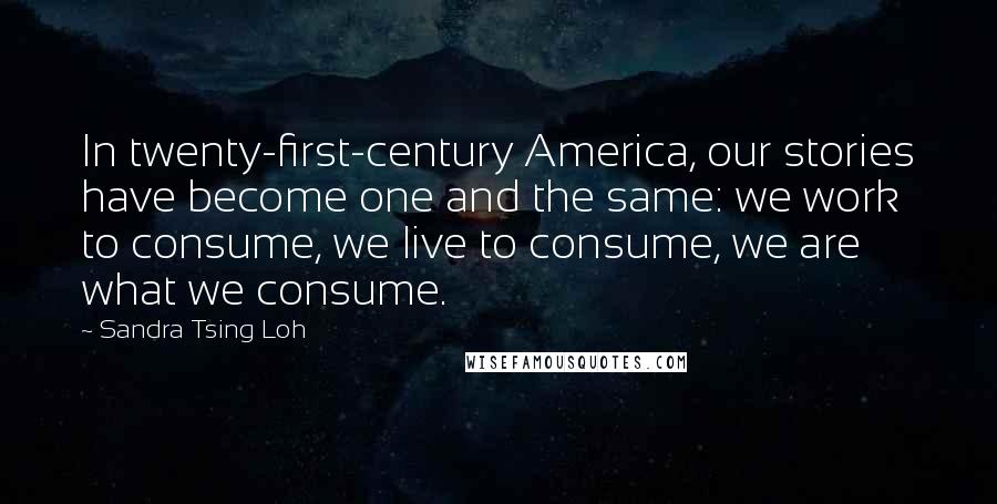 Sandra Tsing Loh Quotes: In twenty-first-century America, our stories have become one and the same: we work to consume, we live to consume, we are what we consume.