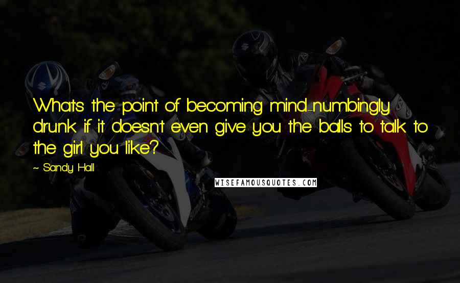 Sandy Hall Quotes: What's the point of becoming mind-numbingly drunk if it doesn't even give you the balls to talk to the girl you like?