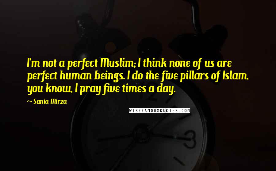 Sania Mirza Quotes: I'm not a perfect Muslim; I think none of us are perfect human beings. I do the five pillars of Islam, you know, I pray five times a day.