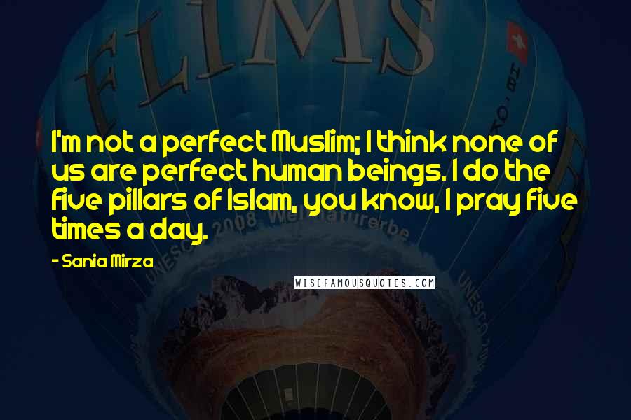 Sania Mirza Quotes: I'm not a perfect Muslim; I think none of us are perfect human beings. I do the five pillars of Islam, you know, I pray five times a day.