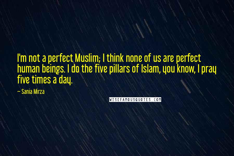 Sania Mirza Quotes: I'm not a perfect Muslim; I think none of us are perfect human beings. I do the five pillars of Islam, you know, I pray five times a day.