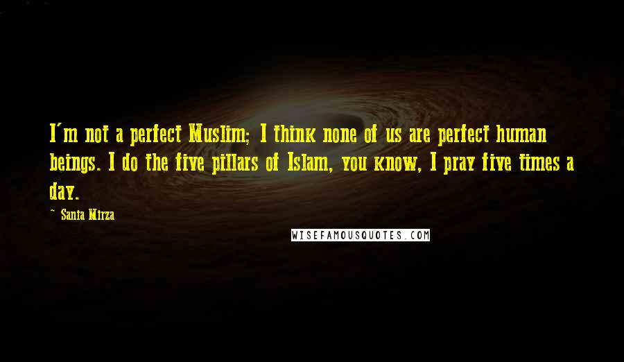 Sania Mirza Quotes: I'm not a perfect Muslim; I think none of us are perfect human beings. I do the five pillars of Islam, you know, I pray five times a day.