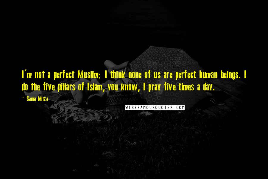 Sania Mirza Quotes: I'm not a perfect Muslim; I think none of us are perfect human beings. I do the five pillars of Islam, you know, I pray five times a day.