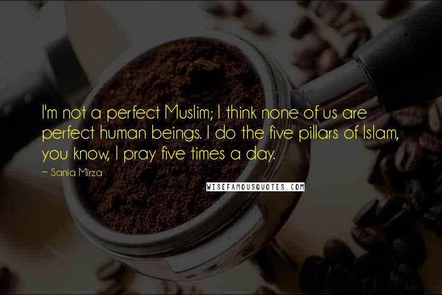 Sania Mirza Quotes: I'm not a perfect Muslim; I think none of us are perfect human beings. I do the five pillars of Islam, you know, I pray five times a day.