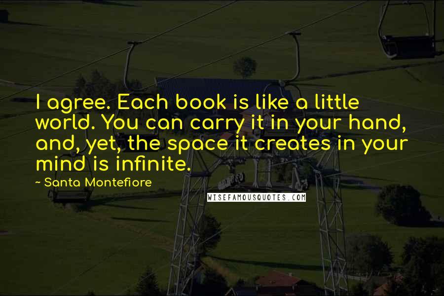 Santa Montefiore Quotes: I agree. Each book is like a little world. You can carry it in your hand, and, yet, the space it creates in your mind is infinite.