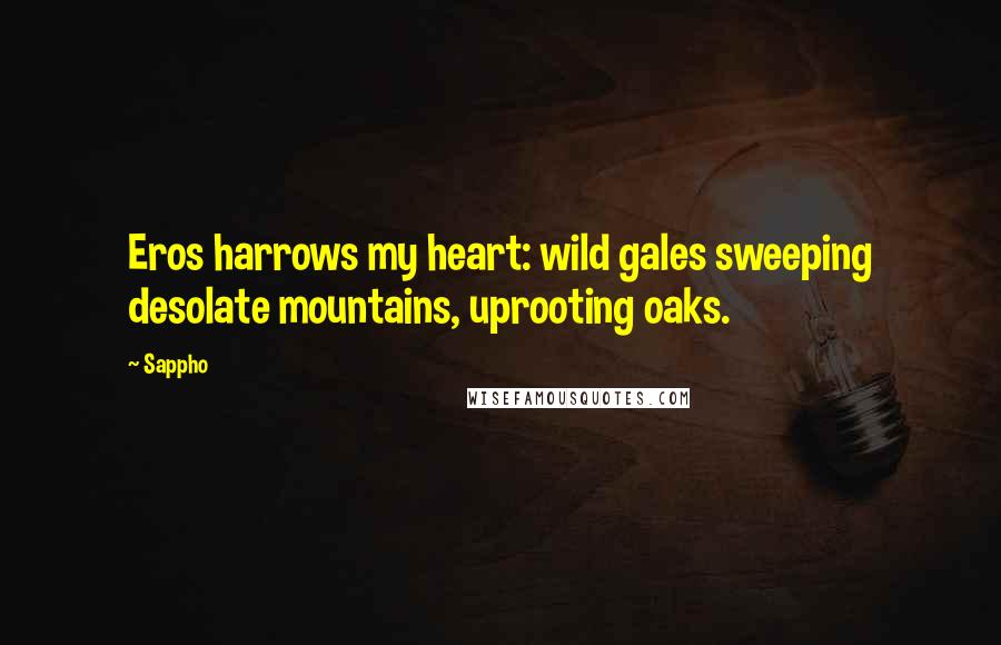 Sappho Quotes: Eros harrows my heart: wild gales sweeping desolate mountains, uprooting oaks.