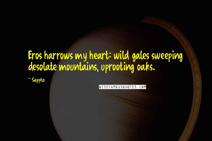 Sappho Quotes: Eros harrows my heart: wild gales sweeping desolate mountains, uprooting oaks.