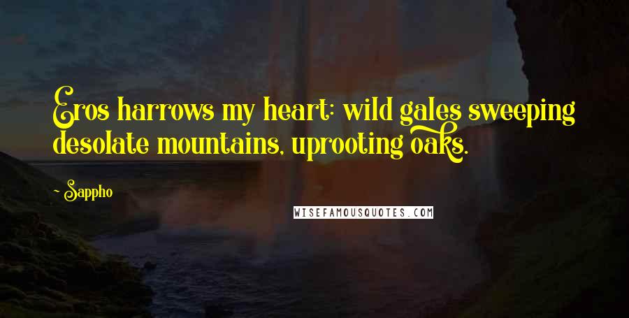 Sappho Quotes: Eros harrows my heart: wild gales sweeping desolate mountains, uprooting oaks.