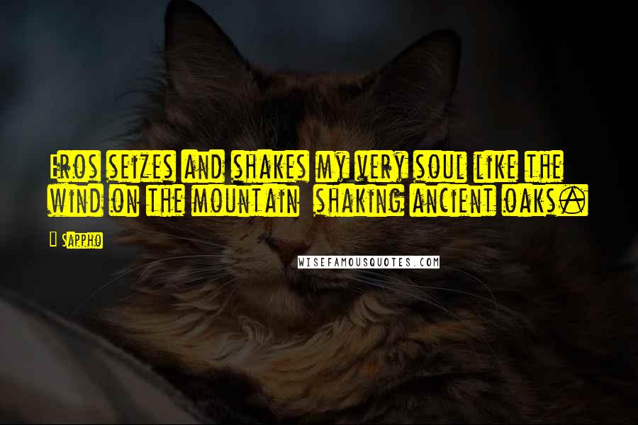 Sappho Quotes: Eros seizes and shakes my very soul like the wind on the mountain shaking ancient oaks.