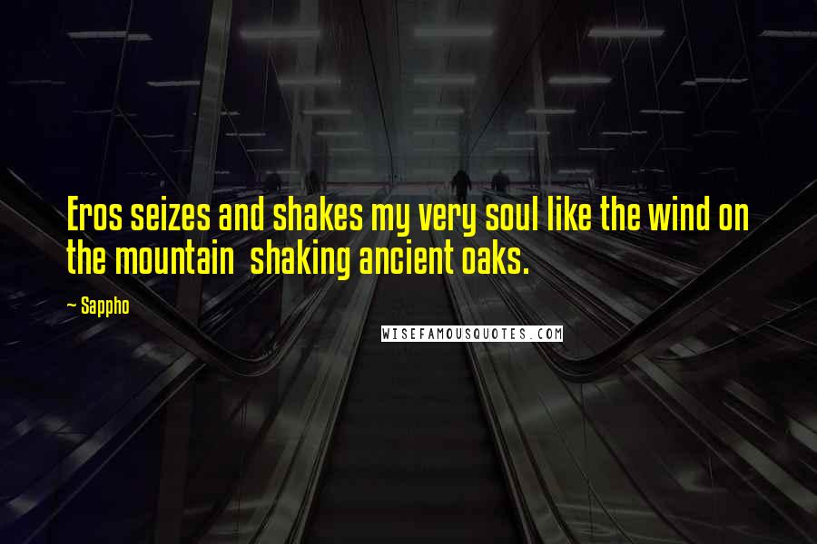 Sappho Quotes: Eros seizes and shakes my very soul like the wind on the mountain shaking ancient oaks.