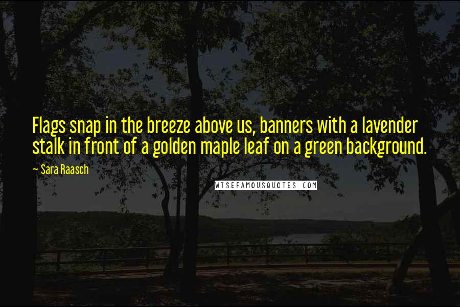 Sara Raasch Quotes: Flags snap in the breeze above us, banners with a lavender stalk in front of a golden maple leaf on a green background.