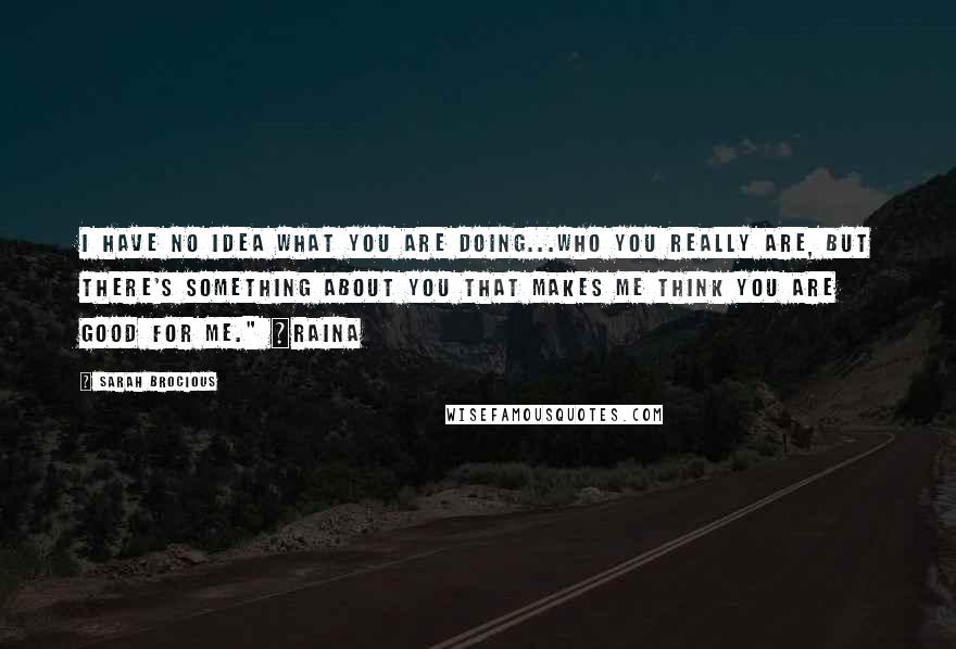 Sarah Brocious Quotes: I have no idea what you are doing...who you really are, but there's something about you that makes me think you are good for me." ~Raina