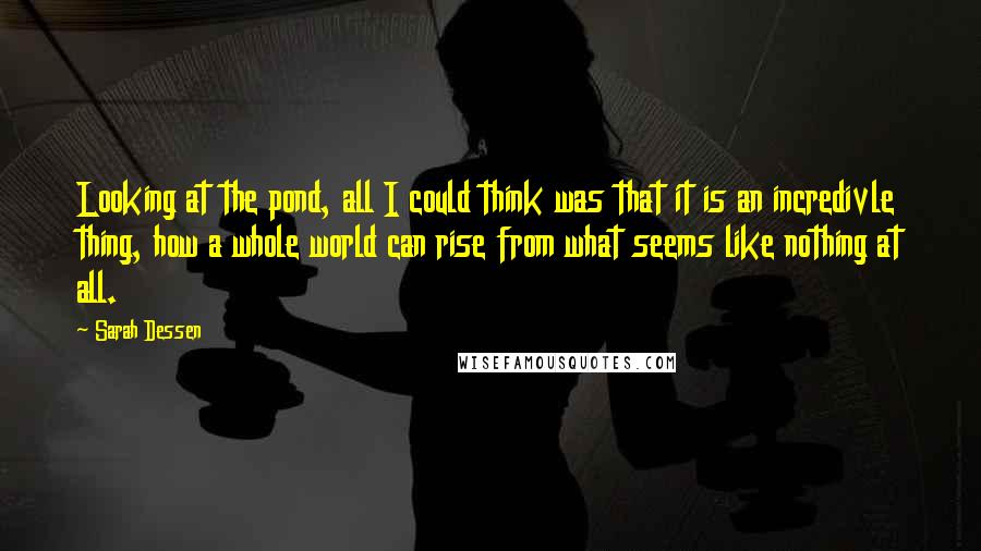 Sarah Dessen Quotes: Looking at the pond, all I could think was that it is an incredivle thing, how a whole world can rise from what seems like nothing at all.