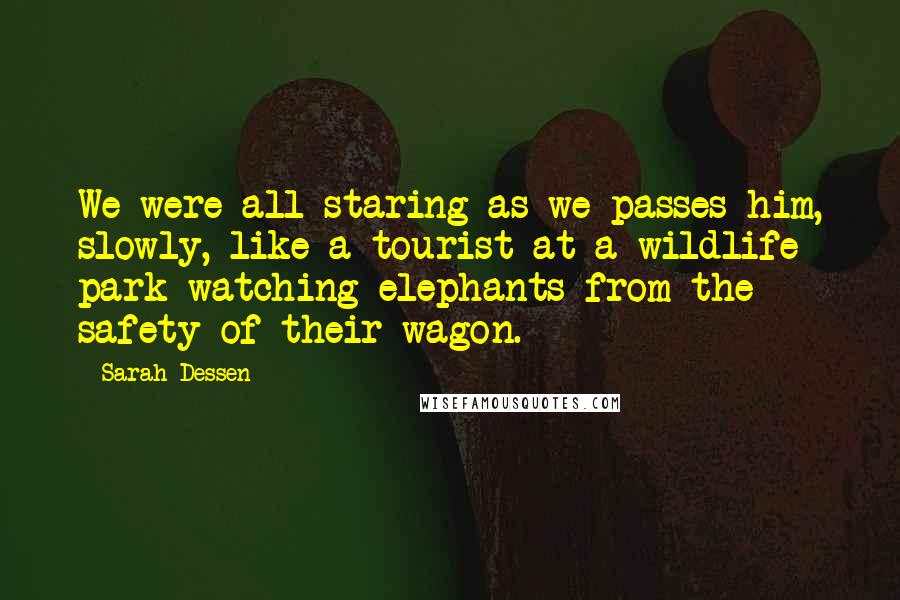 Sarah Dessen Quotes: We were all staring as we passes him, slowly, like a tourist at a wildlife park watching elephants from the safety of their wagon.