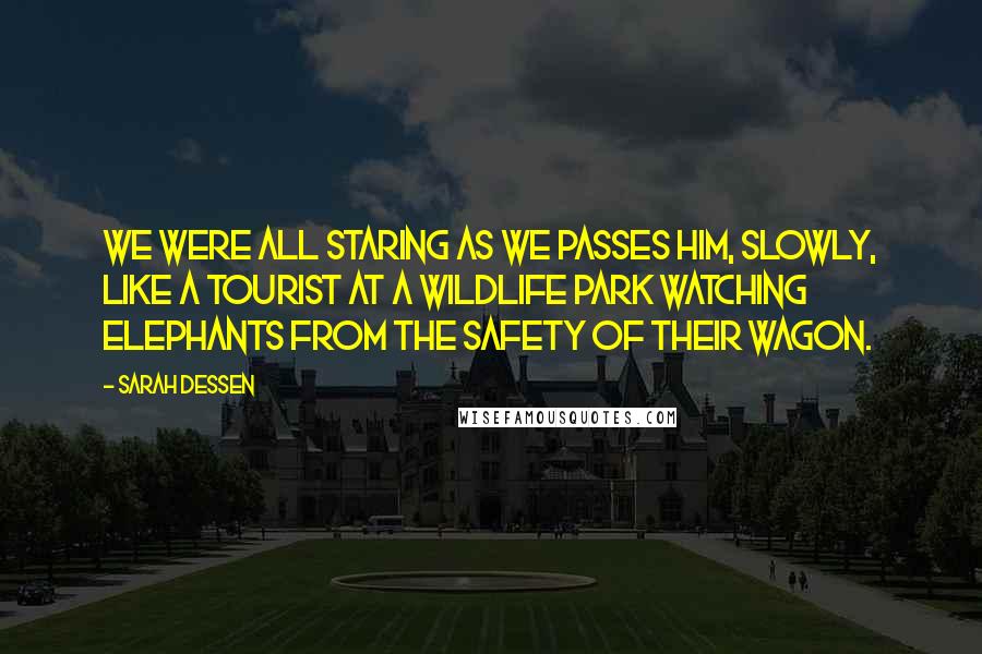 Sarah Dessen Quotes: We were all staring as we passes him, slowly, like a tourist at a wildlife park watching elephants from the safety of their wagon.