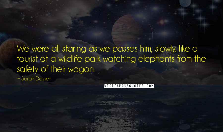 Sarah Dessen Quotes: We were all staring as we passes him, slowly, like a tourist at a wildlife park watching elephants from the safety of their wagon.