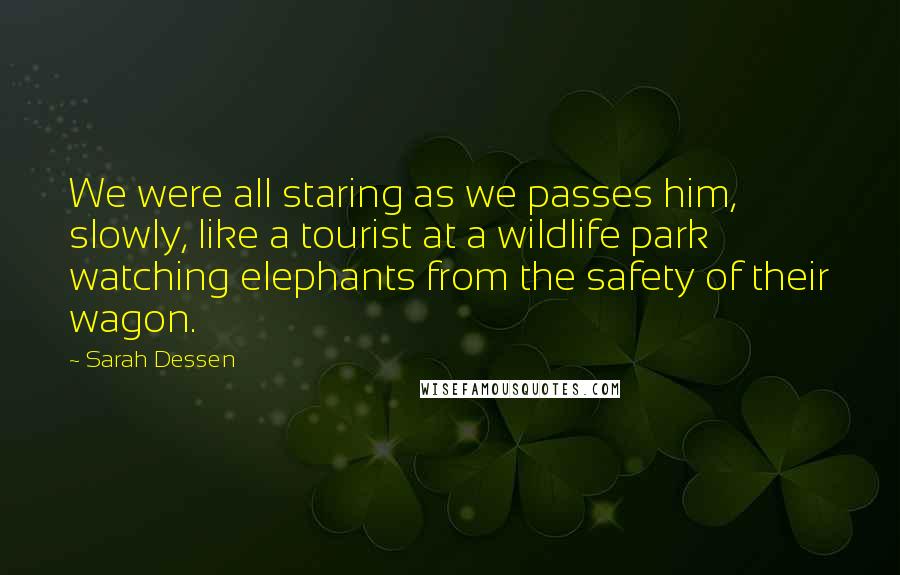Sarah Dessen Quotes: We were all staring as we passes him, slowly, like a tourist at a wildlife park watching elephants from the safety of their wagon.