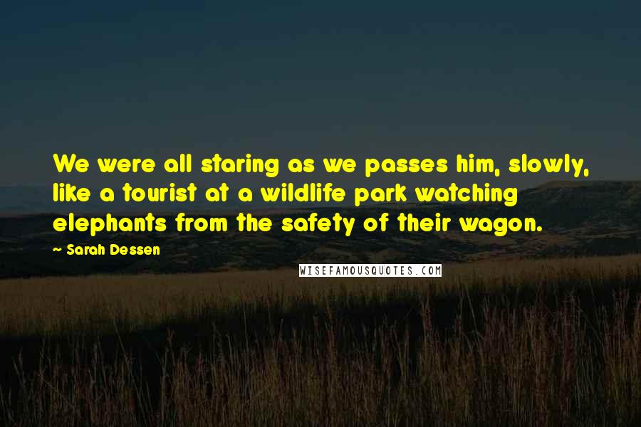 Sarah Dessen Quotes: We were all staring as we passes him, slowly, like a tourist at a wildlife park watching elephants from the safety of their wagon.