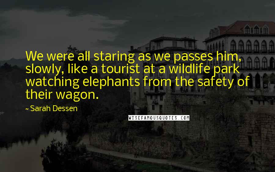 Sarah Dessen Quotes: We were all staring as we passes him, slowly, like a tourist at a wildlife park watching elephants from the safety of their wagon.