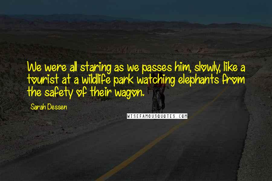 Sarah Dessen Quotes: We were all staring as we passes him, slowly, like a tourist at a wildlife park watching elephants from the safety of their wagon.