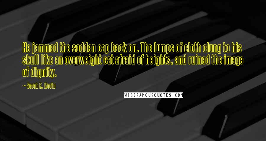 Sarah E. Morin Quotes: He jammed the sodden cap back on. The lumps of cloth clung to his skull like an overweight cat afraid of heights, and ruined the image of dignity.