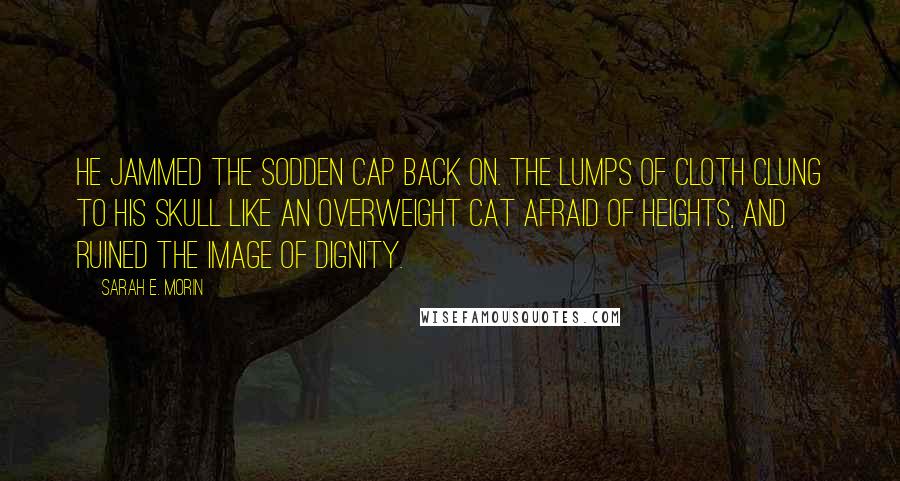 Sarah E. Morin Quotes: He jammed the sodden cap back on. The lumps of cloth clung to his skull like an overweight cat afraid of heights, and ruined the image of dignity.