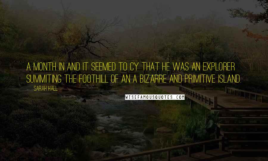 Sarah Hall Quotes: A month in and it seemed to CY that he was an explorer summiting the foothill of an a bizarre and primitive island.