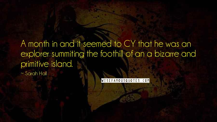 Sarah Hall Quotes: A month in and it seemed to CY that he was an explorer summiting the foothill of an a bizarre and primitive island.