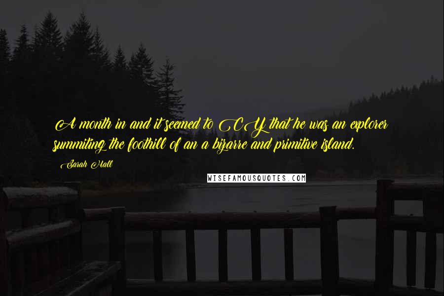 Sarah Hall Quotes: A month in and it seemed to CY that he was an explorer summiting the foothill of an a bizarre and primitive island.