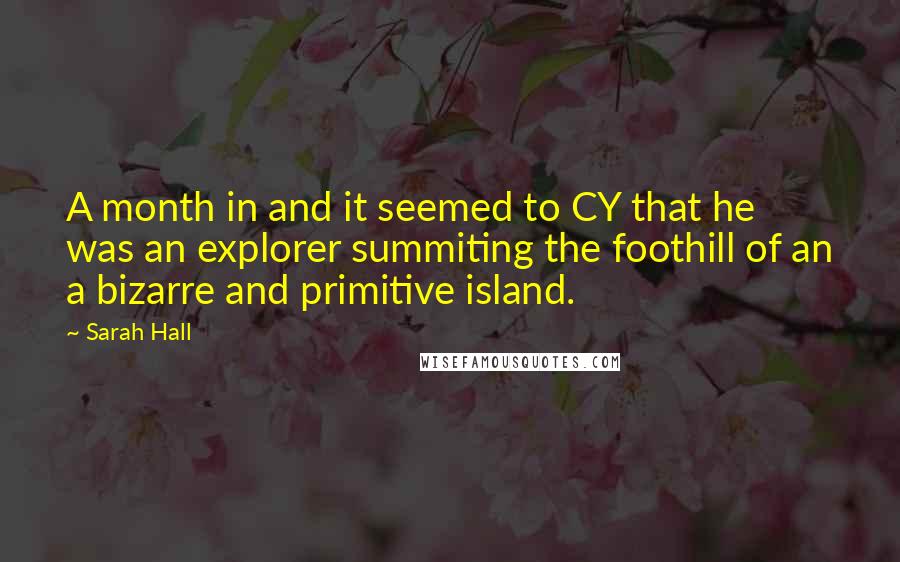 Sarah Hall Quotes: A month in and it seemed to CY that he was an explorer summiting the foothill of an a bizarre and primitive island.