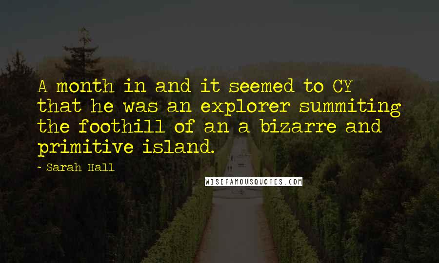 Sarah Hall Quotes: A month in and it seemed to CY that he was an explorer summiting the foothill of an a bizarre and primitive island.