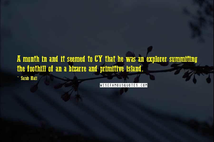 Sarah Hall Quotes: A month in and it seemed to CY that he was an explorer summiting the foothill of an a bizarre and primitive island.