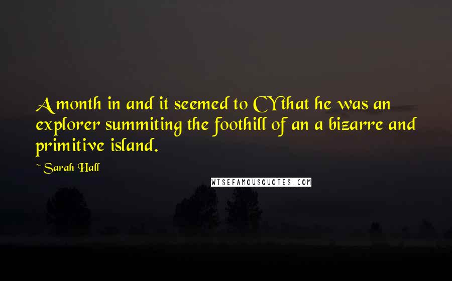 Sarah Hall Quotes: A month in and it seemed to CY that he was an explorer summiting the foothill of an a bizarre and primitive island.