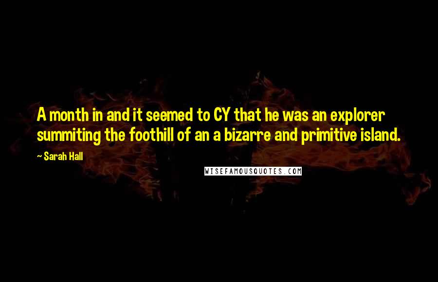 Sarah Hall Quotes: A month in and it seemed to CY that he was an explorer summiting the foothill of an a bizarre and primitive island.