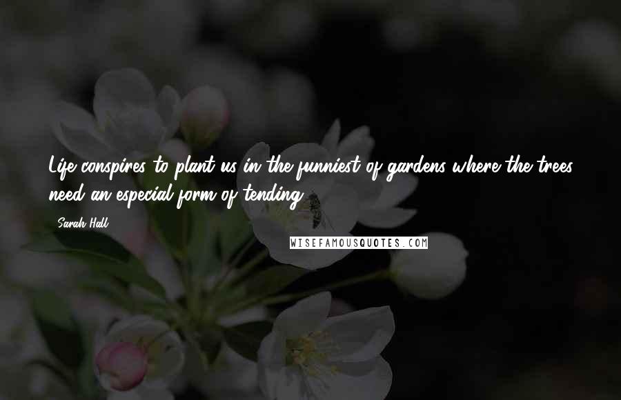 Sarah Hall Quotes: Life conspires to plant us in the funniest of gardens where the trees need an especial form of tending
