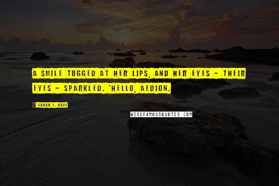 Sarah J. Maas Quotes: A smile tugged at her lips, and her eyes - their eyes - sparkled. 'Hello, Aedion.