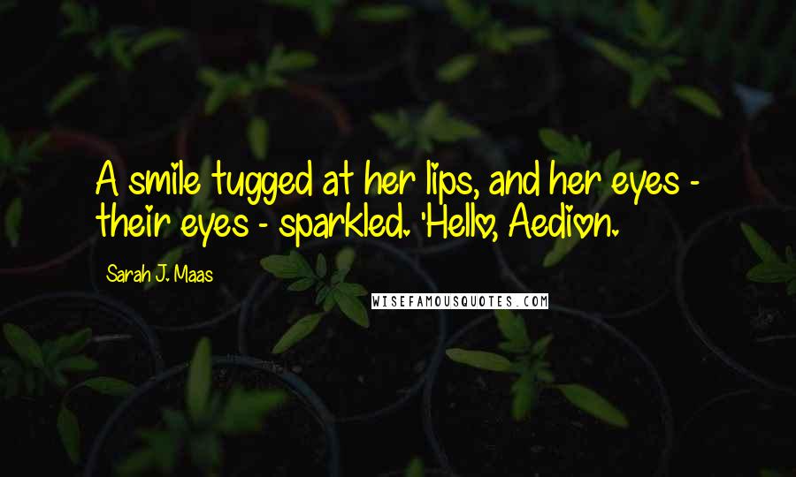 Sarah J. Maas Quotes: A smile tugged at her lips, and her eyes - their eyes - sparkled. 'Hello, Aedion.