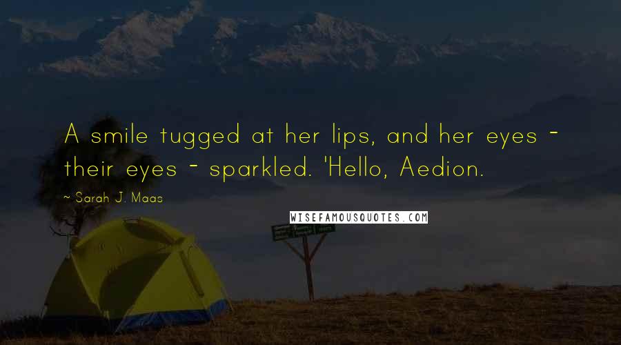 Sarah J. Maas Quotes: A smile tugged at her lips, and her eyes - their eyes - sparkled. 'Hello, Aedion.