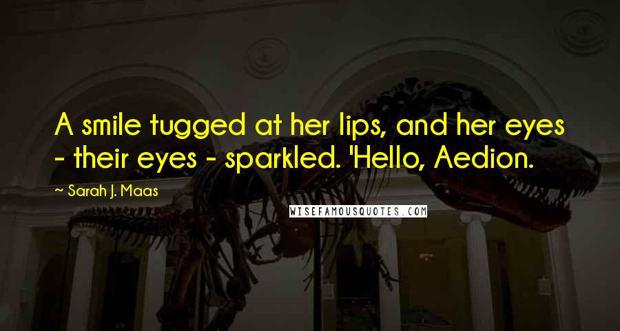 Sarah J. Maas Quotes: A smile tugged at her lips, and her eyes - their eyes - sparkled. 'Hello, Aedion.